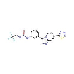 O=C(NCC(F)(F)F)Nc1cccc(-c2cnc3cc(-c4nncs4)ccn23)c1 ZINC000139572105