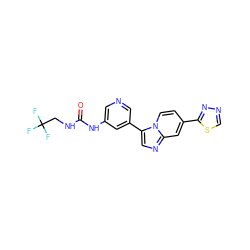 O=C(NCC(F)(F)F)Nc1cncc(-c2cnc3cc(-c4nncs4)ccn23)c1 ZINC000147299388