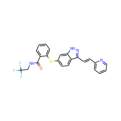 O=C(NCC(F)(F)F)c1ccccc1Sc1ccc2c(/C=C/c3ccccn3)n[nH]c2c1 ZINC000167069756