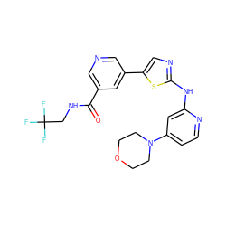 O=C(NCC(F)(F)F)c1cncc(-c2cnc(Nc3cc(N4CCOCC4)ccn3)s2)c1 ZINC000034840681