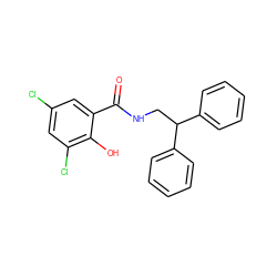 O=C(NCC(c1ccccc1)c1ccccc1)c1cc(Cl)cc(Cl)c1O ZINC000169330876