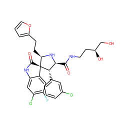 O=C(NCC[C@H](O)CO)[C@@H]1N[C@H](CCc2ccco2)[C@]2(C(=O)Nc3cc(Cl)c(F)cc32)[C@H]1c1cccc(Cl)c1 ZINC000146969310