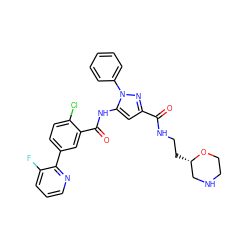 O=C(NCC[C@H]1CNCCO1)c1cc(NC(=O)c2cc(-c3ncccc3F)ccc2Cl)n(-c2ccccc2)n1 ZINC001772653025