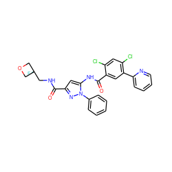 O=C(NCC1(F)COC1)c1cc(NC(=O)c2cc(-c3ccccn3)c(Cl)cc2Cl)n(-c2ccccc2)n1 ZINC001772576245