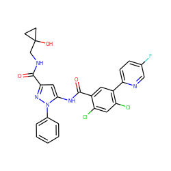 O=C(NCC1(O)CC1)c1cc(NC(=O)c2cc(-c3ccc(F)cn3)c(Cl)cc2Cl)n(-c2ccccc2)n1 ZINC001772617079