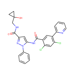 O=C(NCC1(O)CC1)c1cc(NC(=O)c2cc(-c3ccccn3)c(Cl)cc2Cl)n(-c2ccccc2)n1 ZINC001772592681