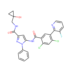 O=C(NCC1(O)CC1)c1cc(NC(=O)c2cc(-c3ncccc3F)c(Cl)cc2Cl)n(-c2ccccc2)n1 ZINC001772593072