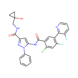 O=C(NCC1(O)CC1)c1cc(NC(=O)c2cc(-c3ncccc3F)c(F)cc2Cl)n(-c2ccccc2)n1 ZINC001772652620