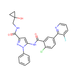 O=C(NCC1(O)CC1)c1cc(NC(=O)c2cc(-c3ncccc3F)ccc2Cl)n(-c2ccccc2)n1 ZINC001772571696