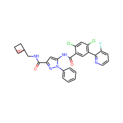 O=C(NCC1(O)CCC1)c1cc(NC(=O)c2cc(-c3ncccc3F)c(Cl)cc2Cl)n(-c2ccccc2)n1 ZINC001772649566