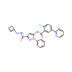 O=C(NCC1(O)CCC1)c1cc(NC(=O)c2cc(-c3ncccc3F)ccc2Cl)n(-c2ccccc2)n1 ZINC001772621281