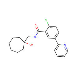 O=C(NCC1(O)CCCCCC1)c1cc(-c2ccccn2)ccc1Cl ZINC000049112474