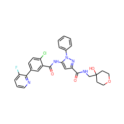 O=C(NCC1(O)CCOCC1)c1cc(NC(=O)c2cc(-c3ncccc3F)ccc2Cl)n(-c2ccccc2)n1 ZINC001772654312