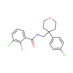 O=C(NCC1(c2ccc(Cl)cc2)CCOCC1)c1cccc(Cl)c1Cl ZINC000055761729