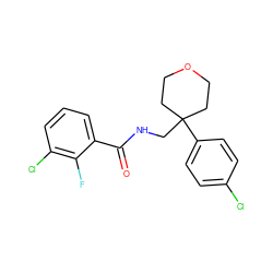 O=C(NCC1(c2ccc(Cl)cc2)CCOCC1)c1cccc(Cl)c1F ZINC000473183081