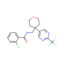 O=C(NCC1(c2cnc(C(F)(F)F)nc2)CCOCC1)c1ccccc1Cl ZINC000217370485