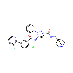 O=C(NCC12CCN(CC1)CC2)c1cc(NC(=O)c2cc(-c3ncccc3F)ccc2Cl)n(-c2ccccc2)n1 ZINC001772605779