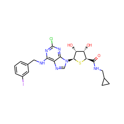 O=C(NCC1CC1)[C@H]1S[C@@H](n2cnc3c(NCc4cccc(I)c4)nc(Cl)nc32)[C@H](O)[C@@H]1O ZINC000028564195