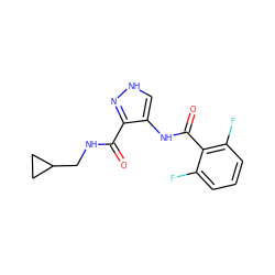 O=C(NCC1CC1)c1n[nH]cc1NC(=O)c1c(F)cccc1F ZINC000040835621