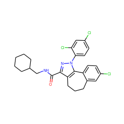 O=C(NCC1CCCCC1)c1nn(-c2ccc(Cl)cc2Cl)c2c1CCCc1cc(Cl)ccc1-2 ZINC000139475068