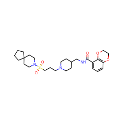 O=C(NCC1CCN(CCCS(=O)(=O)N2CCC3(CCCC3)CC2)CC1)c1cccc2c1OCCO2 ZINC000028344286