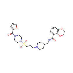 O=C(NCC1CCN(CCCS(=O)(=O)N2CCN(C(=O)c3ccco3)CC2)CC1)c1cccc2c1OCCO2 ZINC000028137103