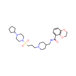 O=C(NCC1CCN(CCCS(=O)(=O)N2CCN(C3CCCC3)CC2)CC1)c1cccc2c1OCCO2 ZINC000028335236