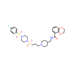 O=C(NCC1CCN(CCCS(=O)(=O)N2CCN(S(=O)(=O)c3ccc(F)cc3)CC2)CC1)c1cccc2c1OCCO2 ZINC000028335225