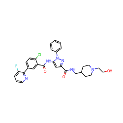 O=C(NCC1CCN(CCO)CC1)c1cc(NC(=O)c2cc(-c3ncccc3F)ccc2Cl)n(-c2ccccc2)n1 ZINC001772619007