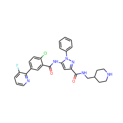 O=C(NCC1CCNCC1)c1cc(NC(=O)c2cc(-c3ncccc3F)ccc2Cl)n(-c2ccccc2)n1 ZINC001772650261