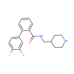 O=C(NCC1CCNCC1)c1ccccc1-c1ccc(F)c(Cl)c1 ZINC000049034440