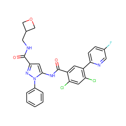 O=C(NCC1COC1)c1cc(NC(=O)c2cc(-c3ccc(F)cn3)c(Cl)cc2Cl)n(-c2ccccc2)n1 ZINC001772636522