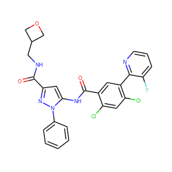 O=C(NCC1COC1)c1cc(NC(=O)c2cc(-c3ncccc3F)c(Cl)cc2Cl)n(-c2ccccc2)n1 ZINC001772631146