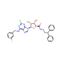 O=C(NCCC(c1ccccc1)c1ccccc1)[C@H]1O[C@@H](n2cnc3c(NCc4cccc(I)c4)nc(Cl)nc32)[C@H](O)[C@@H]1O ZINC000096903422