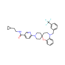 O=C(NCCC1CC1)c1ccc(N2CCC3(CC2)CCN(Cc2cccc(C(F)(F)F)c2)c2ccccc2O3)nc1 ZINC000095593152