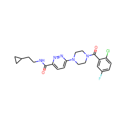 O=C(NCCC1CC1)c1ccc(N2CCN(C(=O)c3cc(F)ccc3Cl)CC2)nn1 ZINC000034565828