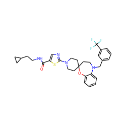 O=C(NCCC1CC1)c1cnc(N2CCC3(CC2)CCN(Cc2cccc(C(F)(F)F)c2)c2ccccc2O3)s1 ZINC000095593498