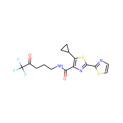 O=C(NCCCC(=O)C(F)(F)F)c1nc(-c2nccs2)sc1C1CC1 ZINC000653704228