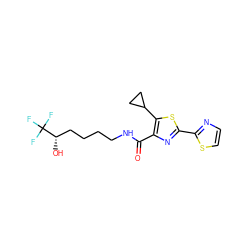 O=C(NCCCC[C@H](O)C(F)(F)F)c1nc(-c2nccs2)sc1C1CC1 ZINC000653704170