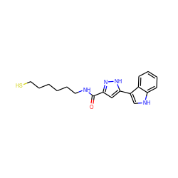 O=C(NCCCCCCS)c1cc(-c2c[nH]c3ccccc23)[nH]n1 ZINC000653708685