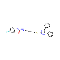 O=C(NCCCCCCSc1nc(-c2ccccc2)c(-c2ccccc2)[nH]1)Nc1ccc(F)cc1F ZINC001772580523