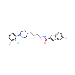 O=C(NCCCCN1CCN(c2cccc(Cl)c2Cl)CC1)c1cc2cc(I)ccc2o1 ZINC000028378851