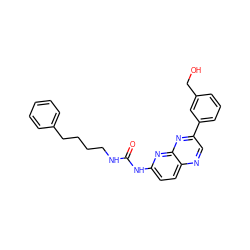 O=C(NCCCCc1ccccc1)Nc1ccc2ncc(-c3cccc(CO)c3)nc2n1 ZINC000169704102