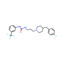 O=C(NCCCN1CCC(Cc2ccc(F)cc2)CC1)Nc1cccc(C(F)(F)F)c1 ZINC000013443490