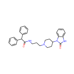 O=C(NCCCN1CCC(n2c(=O)[nH]c3ccccc32)CC1)C(c1ccccc1)c1ccccc1 ZINC000013755531