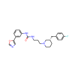 O=C(NCCCN1CCC[C@@H](Cc2ccc(F)cc2)C1)Nc1cccc(-c2cnco2)c1 ZINC000029401127