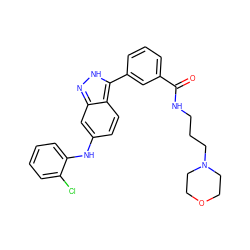 O=C(NCCCN1CCOCC1)c1cccc(-c2[nH]nc3cc(Nc4ccccc4Cl)ccc23)c1 ZINC000028529005