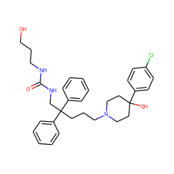 O=C(NCCCO)NCC(CCCN1CCC(O)(c2ccc(Cl)cc2)CC1)(c1ccccc1)c1ccccc1 ZINC000027214667