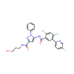 O=C(NCCCO)c1cc(NC(=O)c2cc(-c3ccc(F)cn3)c(Cl)cc2Cl)n(-c2ccccc2)n1 ZINC001772609023