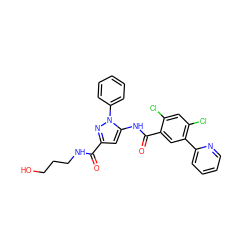 O=C(NCCCO)c1cc(NC(=O)c2cc(-c3ccccn3)c(Cl)cc2Cl)n(-c2ccccc2)n1 ZINC001772639908